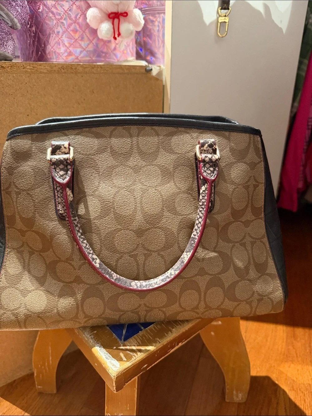 Coach Brown Signature Satchel with Pink-Trim Handles